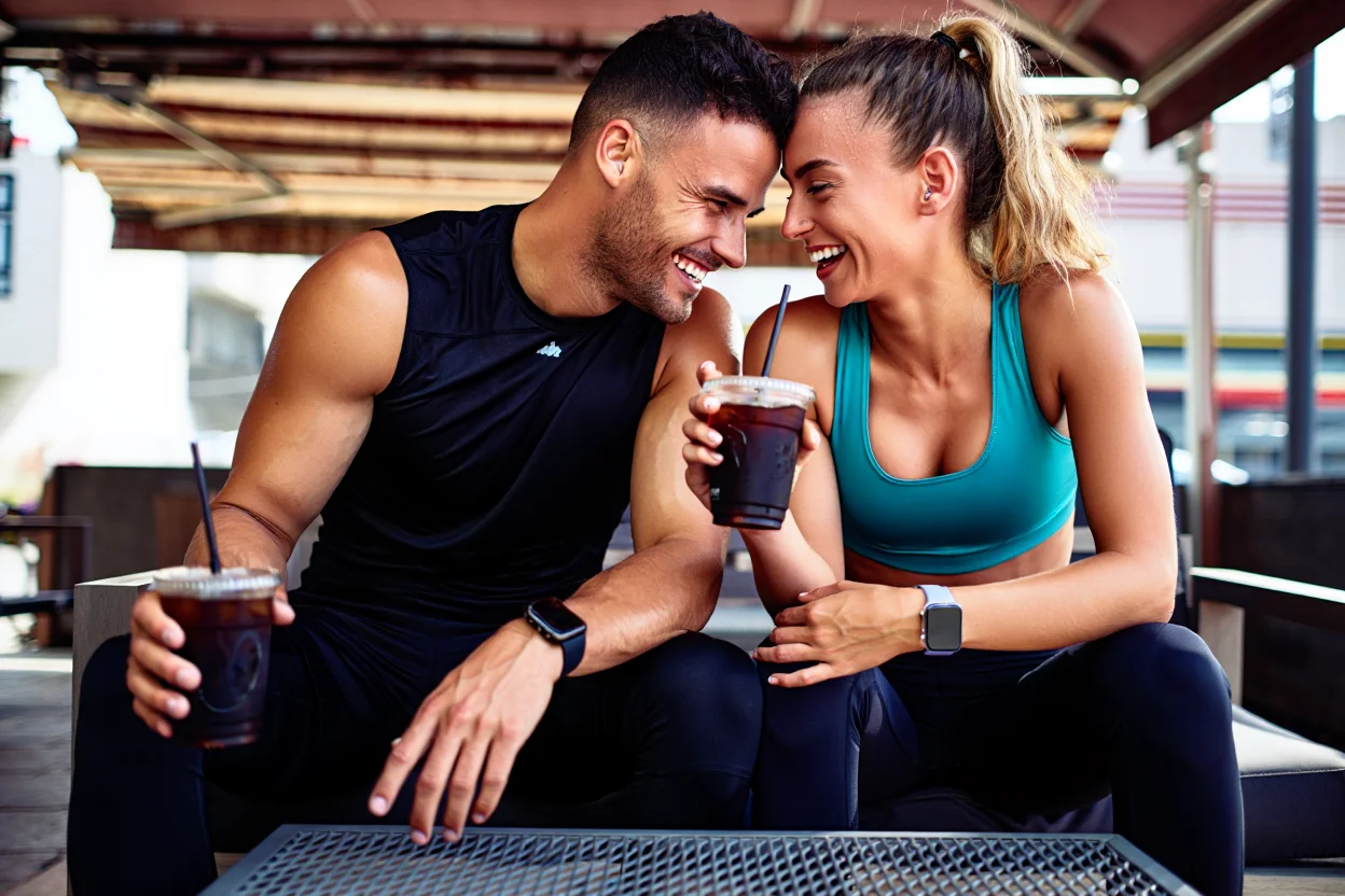 Two people sitting, smiling, holding iced drinks, wearing athletic clothing.
