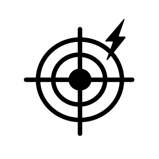 Black target icon with a lightning bolt on a white background.