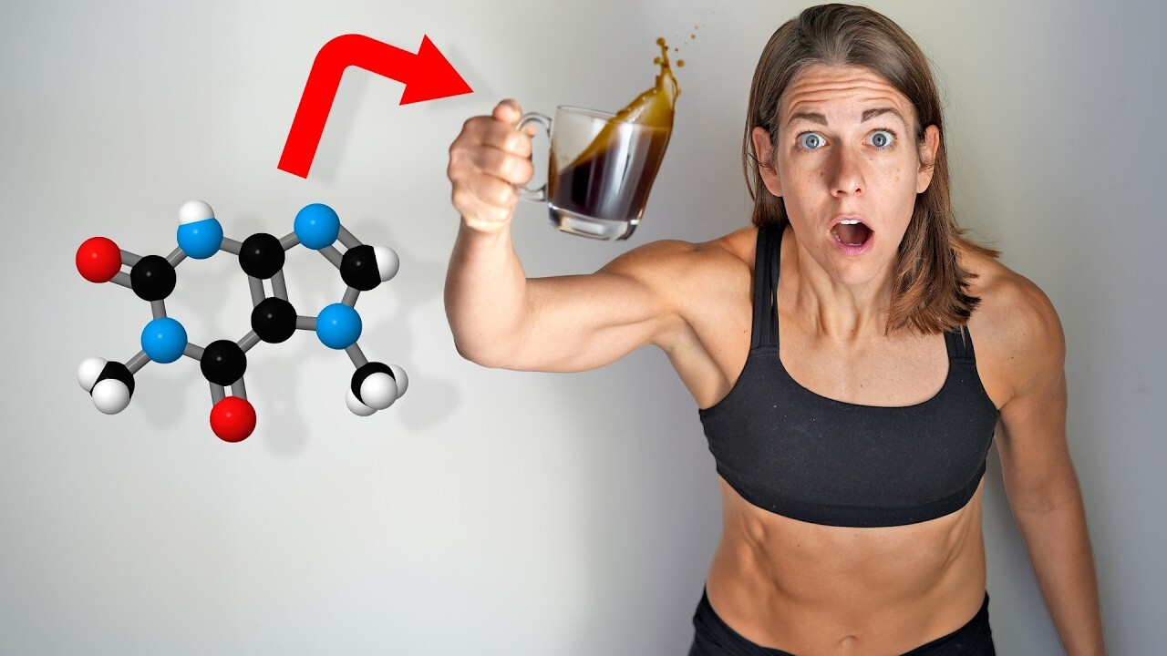 Person holding coffee cup, surprised expression, with molecular model and red arrow.