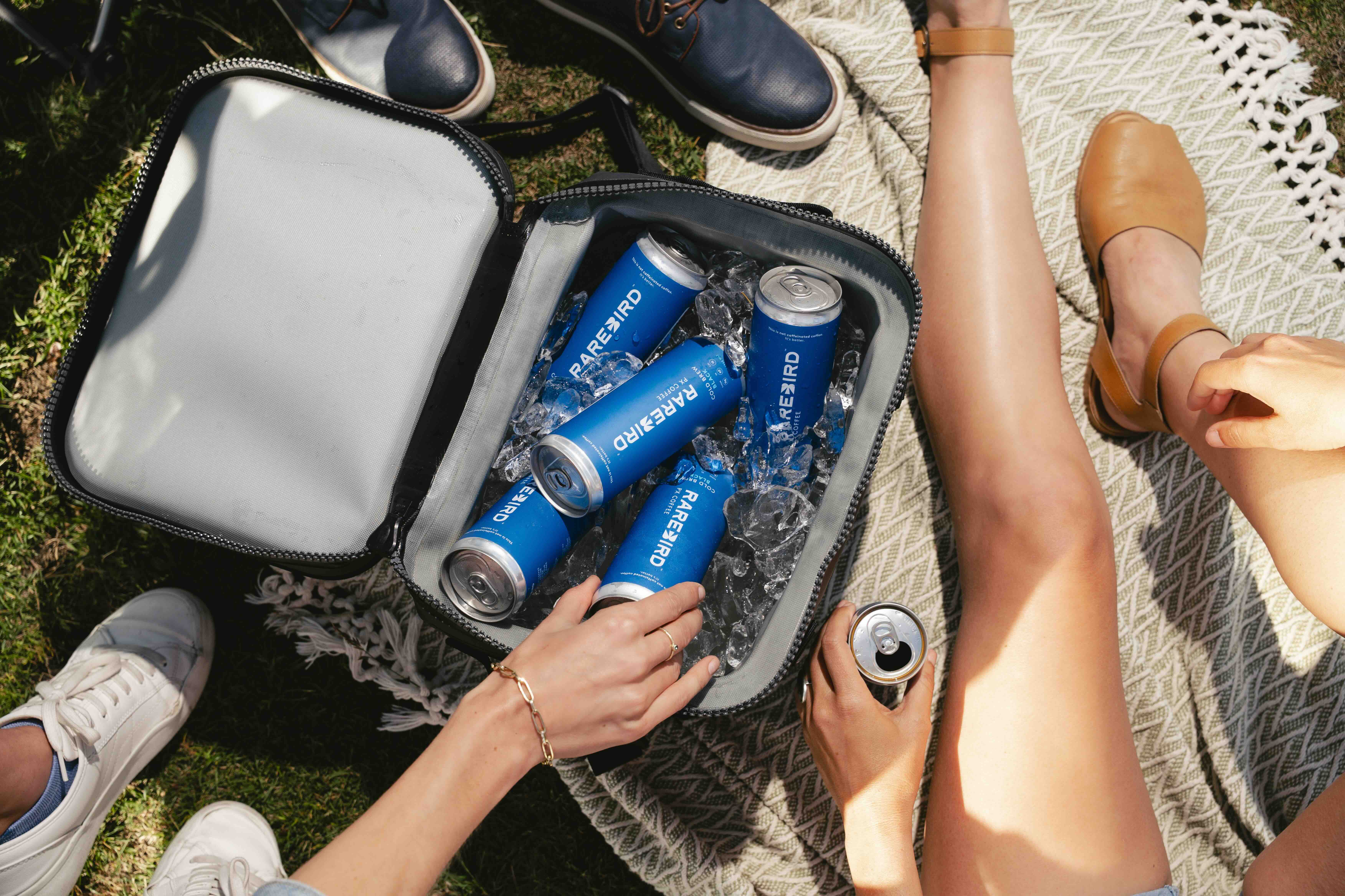 Cooler with blue cans and ice, surrounded by people sitting on grass.