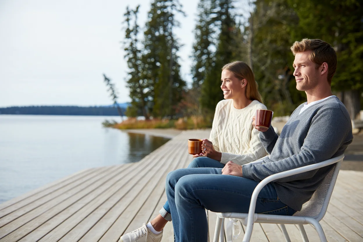 Two people sitting on a lakeside deck, holding mugs.