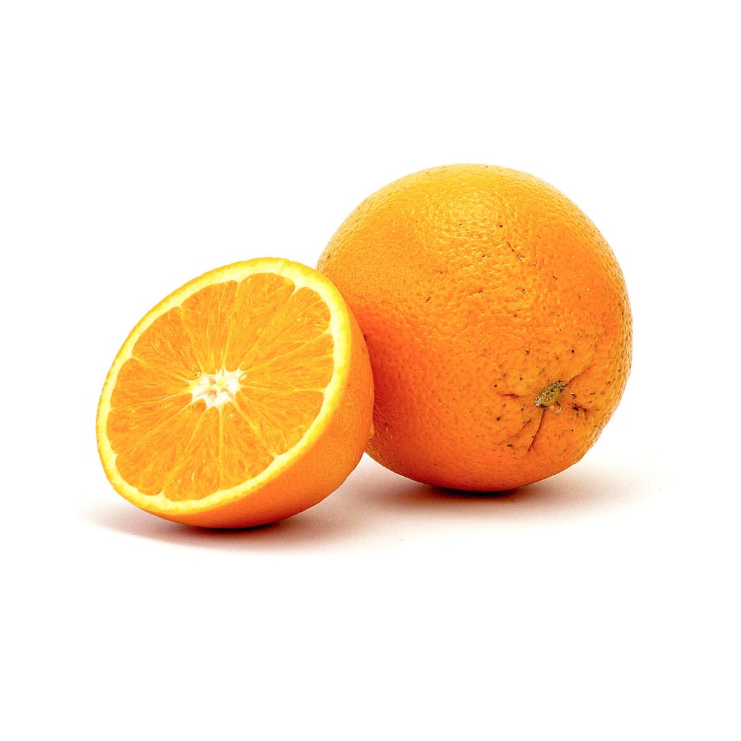 Whole orange and a half orange on a white background.