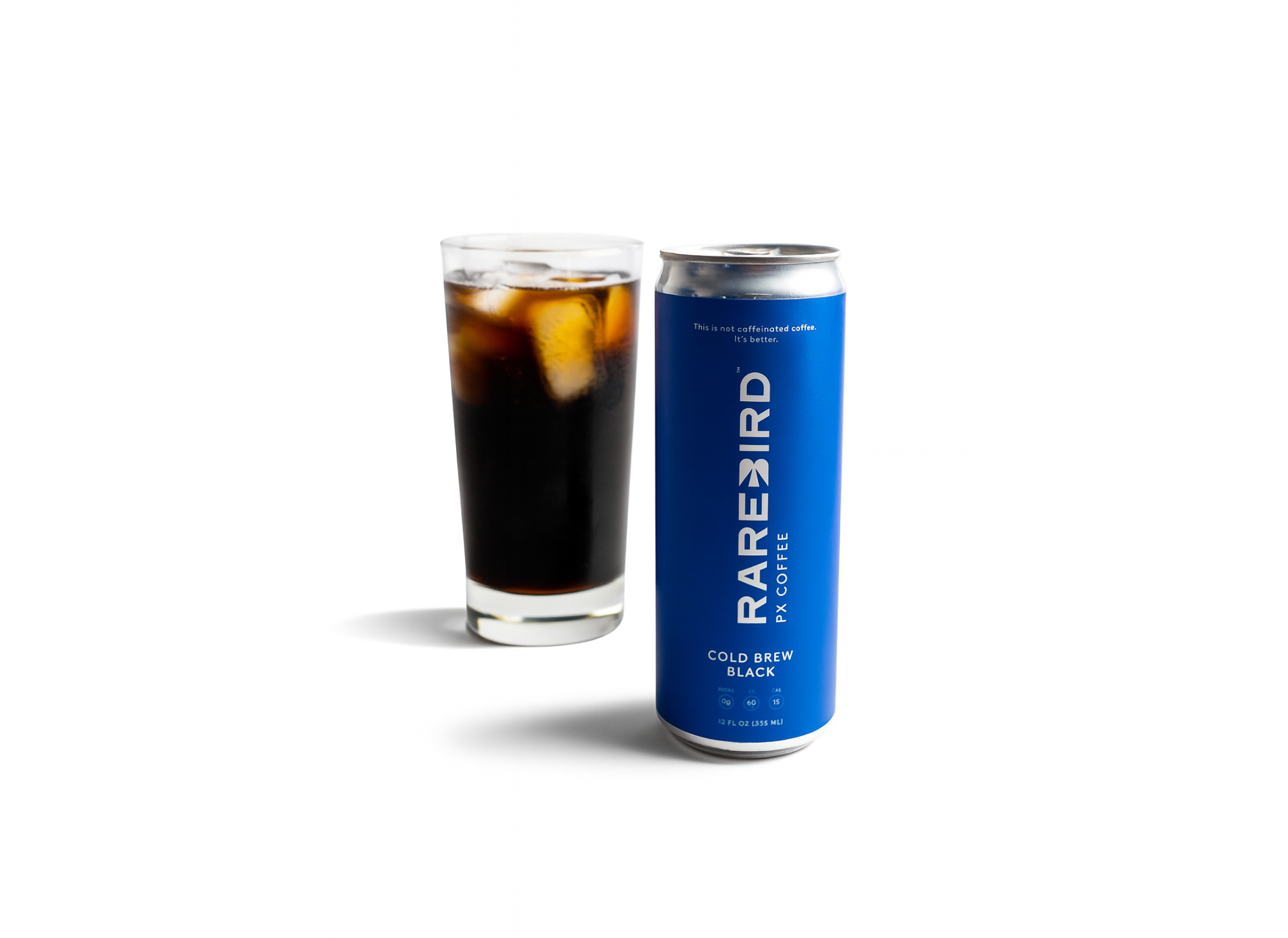 A can of Rarebird cold brew coffee next to a glass of iced coffee.