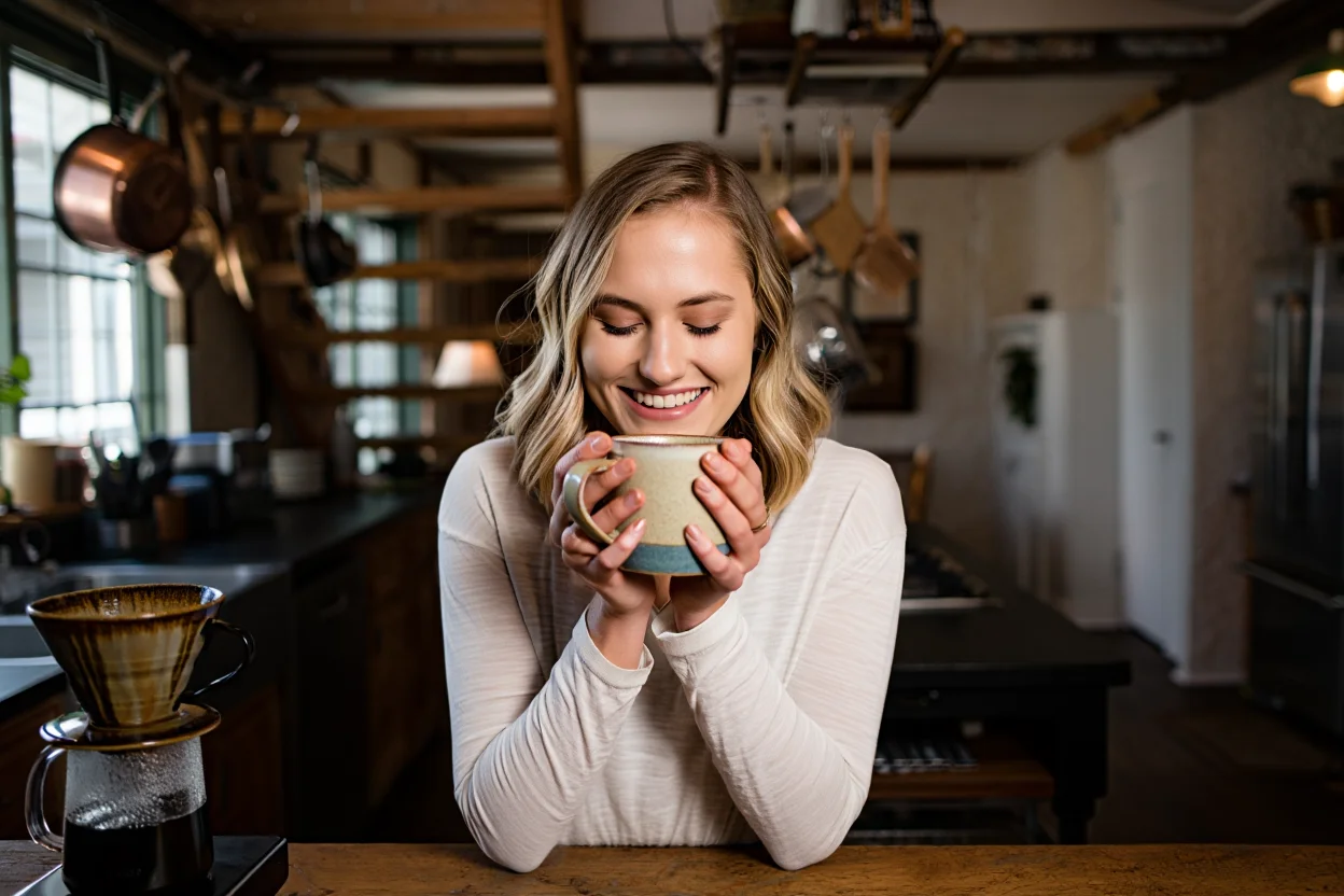 Smiling person holding a mug in a cozy kitchen setting.