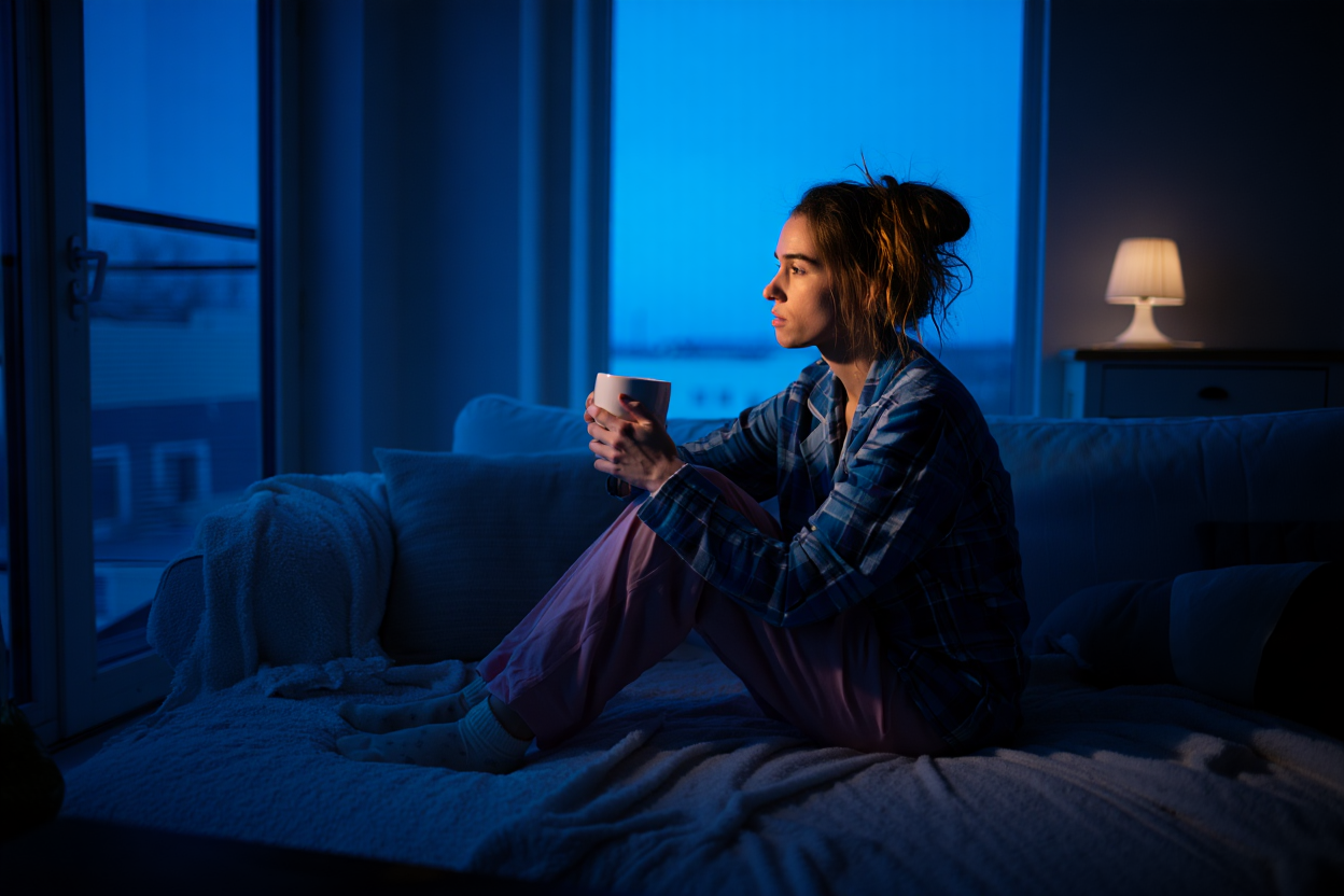 Person in pajamas holding a mug, sitting on a bed at night.