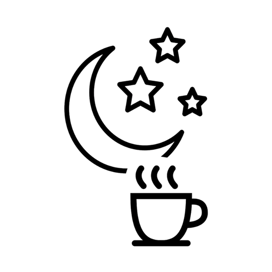 Line drawing of a crescent moon, stars, and a steaming cup.