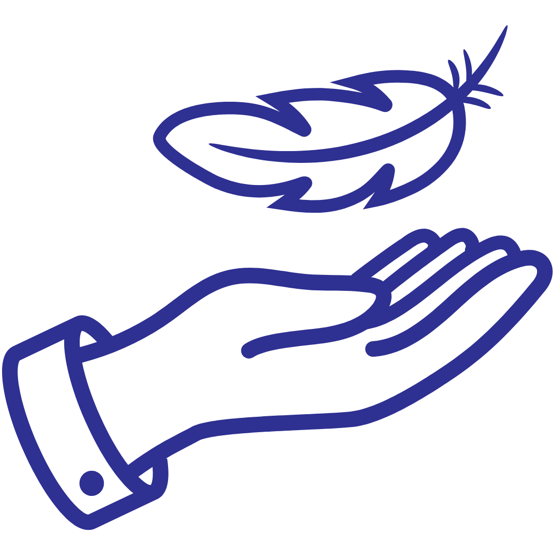 Outline of a hand and a feather in blue.