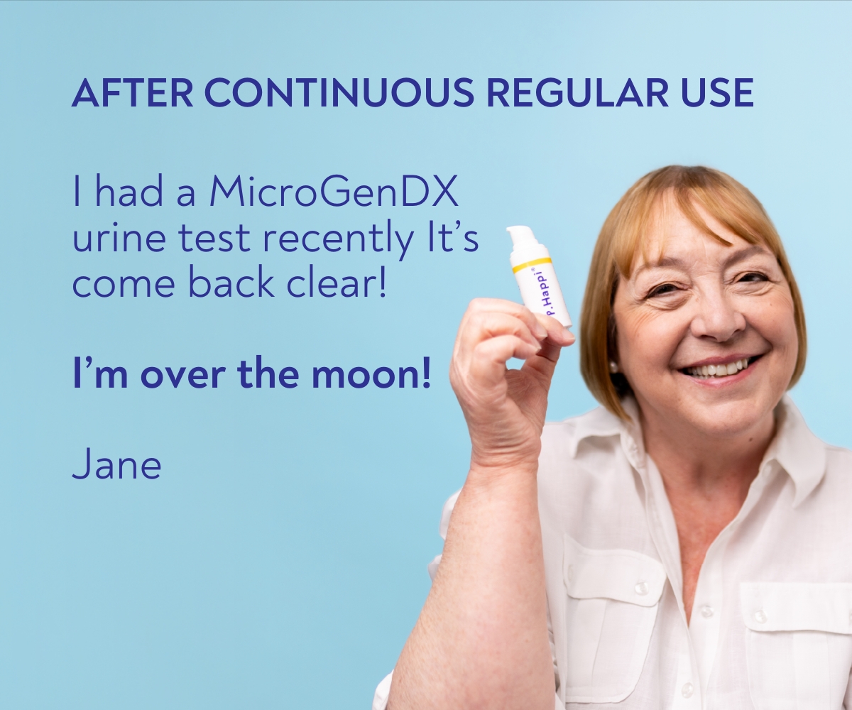 Smiling woman holding a product, with testimonial text about a clear urine test result.