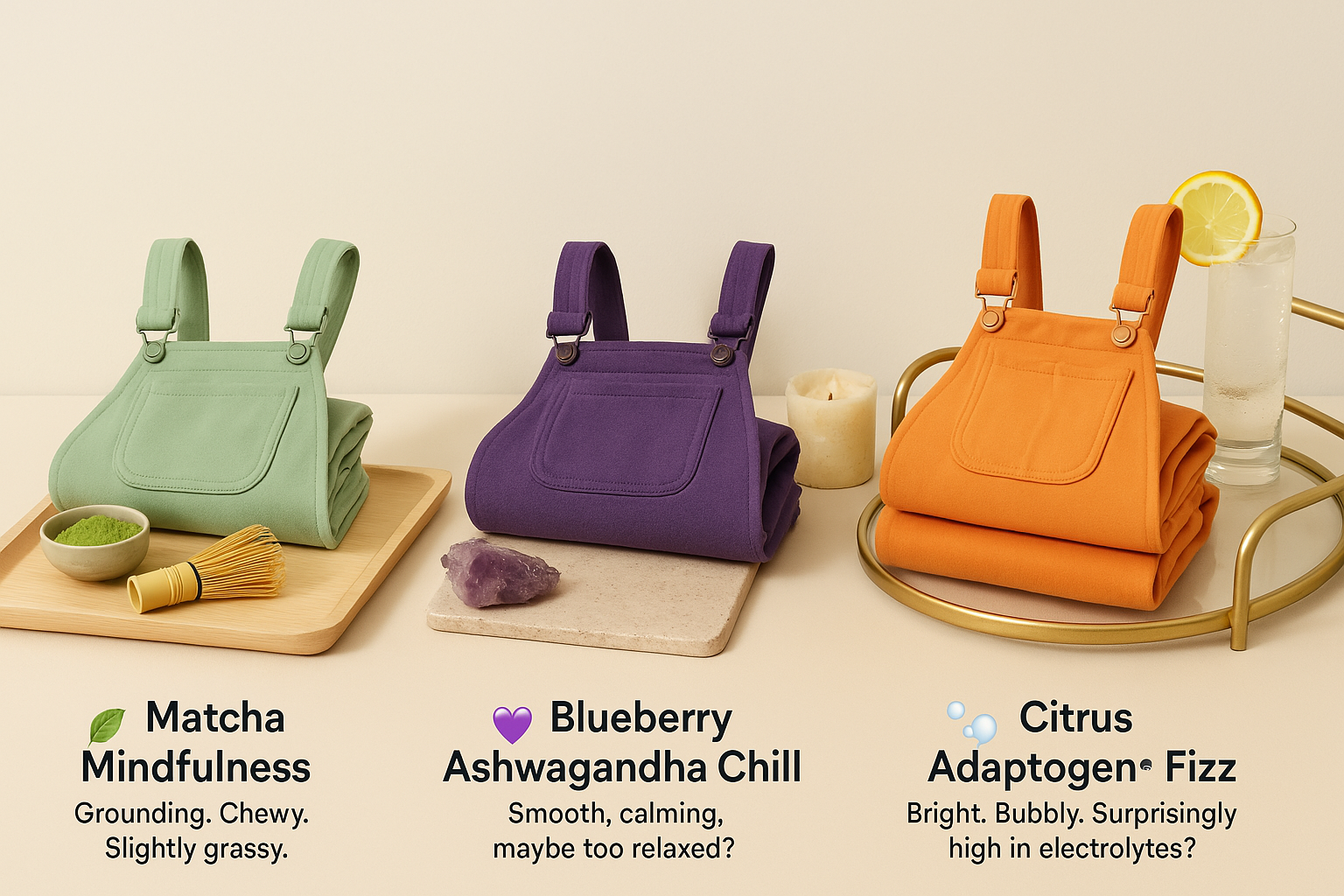 Three folded aprons in green, purple, and orange with matching themed items.