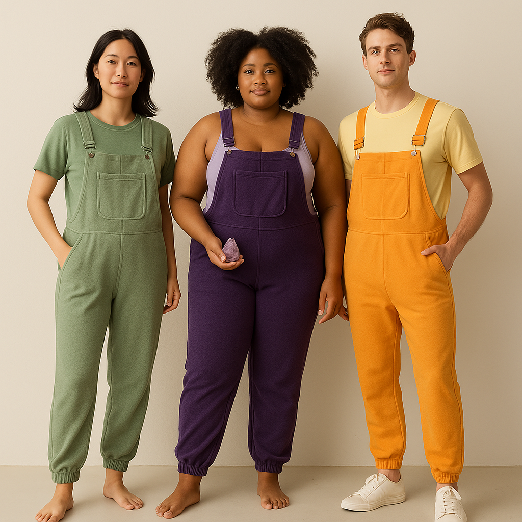 Three people wearing colorful overalls, with text about edible swoveralls flavors.