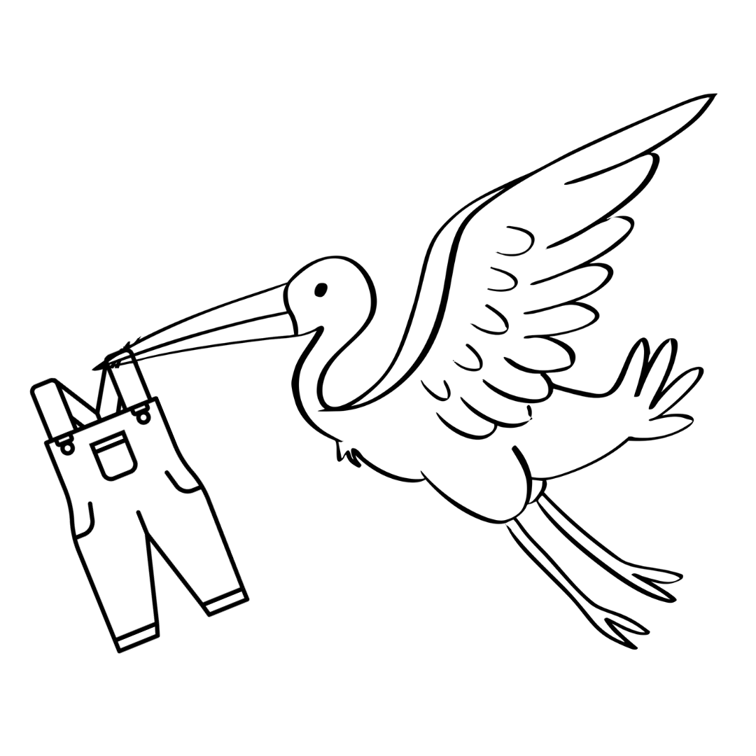 Illustration of a stork carrying baby overalls in its beak.