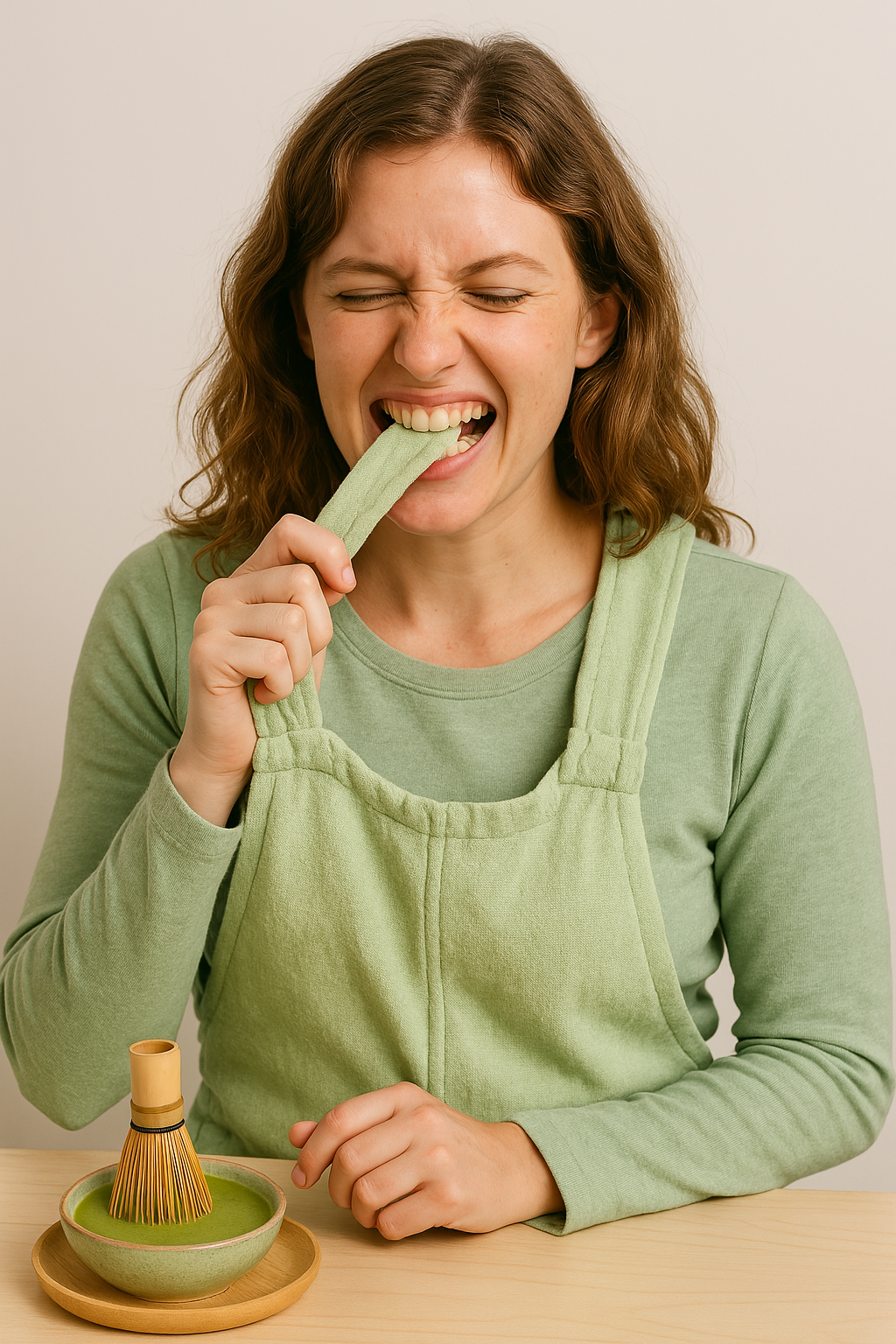 Person in green biting a green cloth, with a matcha bowl and whisk on the table.