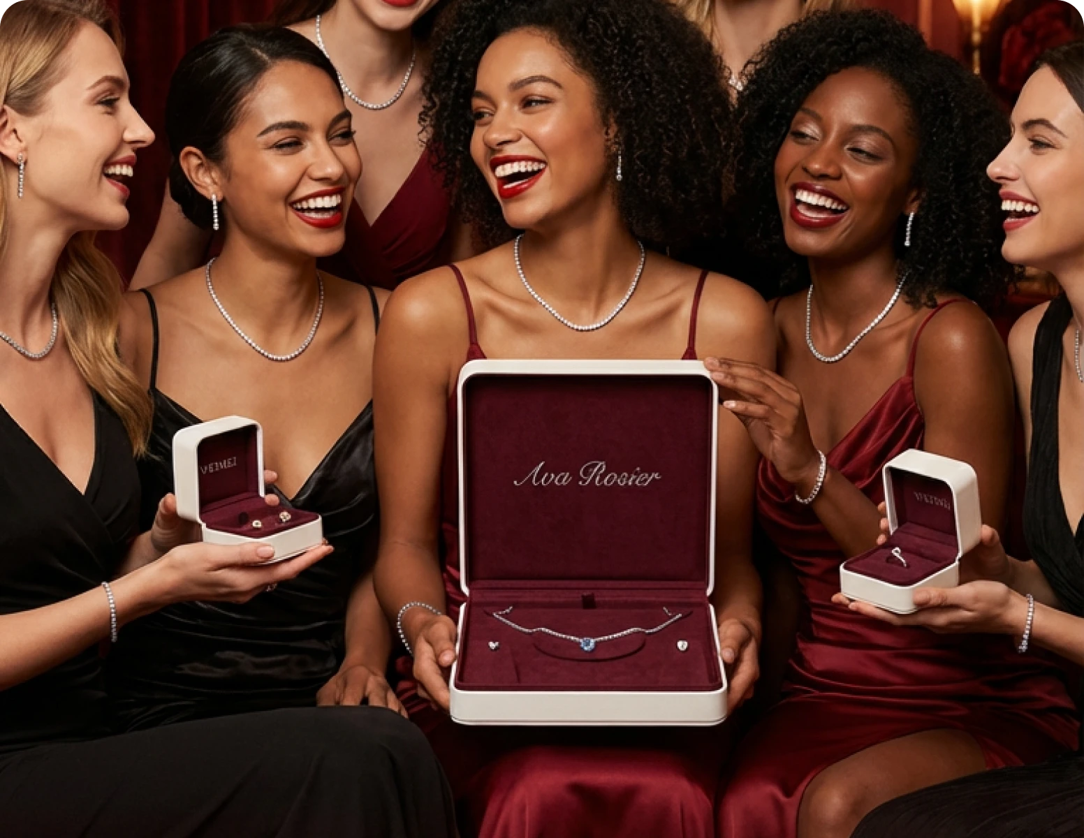 A group of smiling women in elegant dresses show off their diamond necklaces, earrings, and bracelets in boxes.