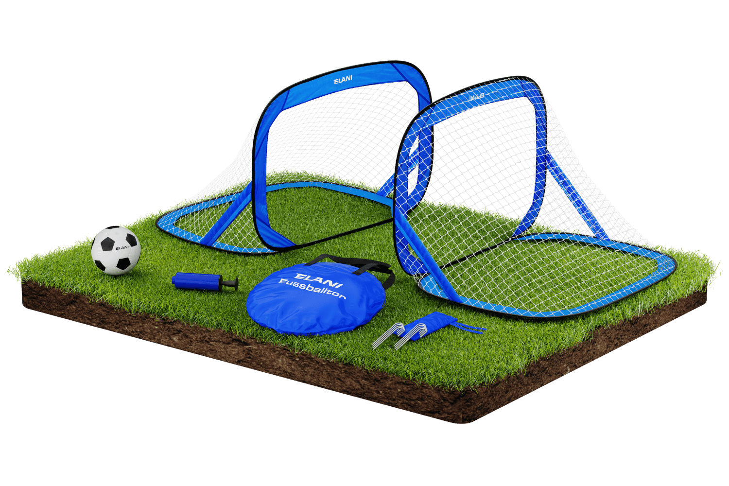 Two blue pop-up soccer goals on grass with a ball and accessories.