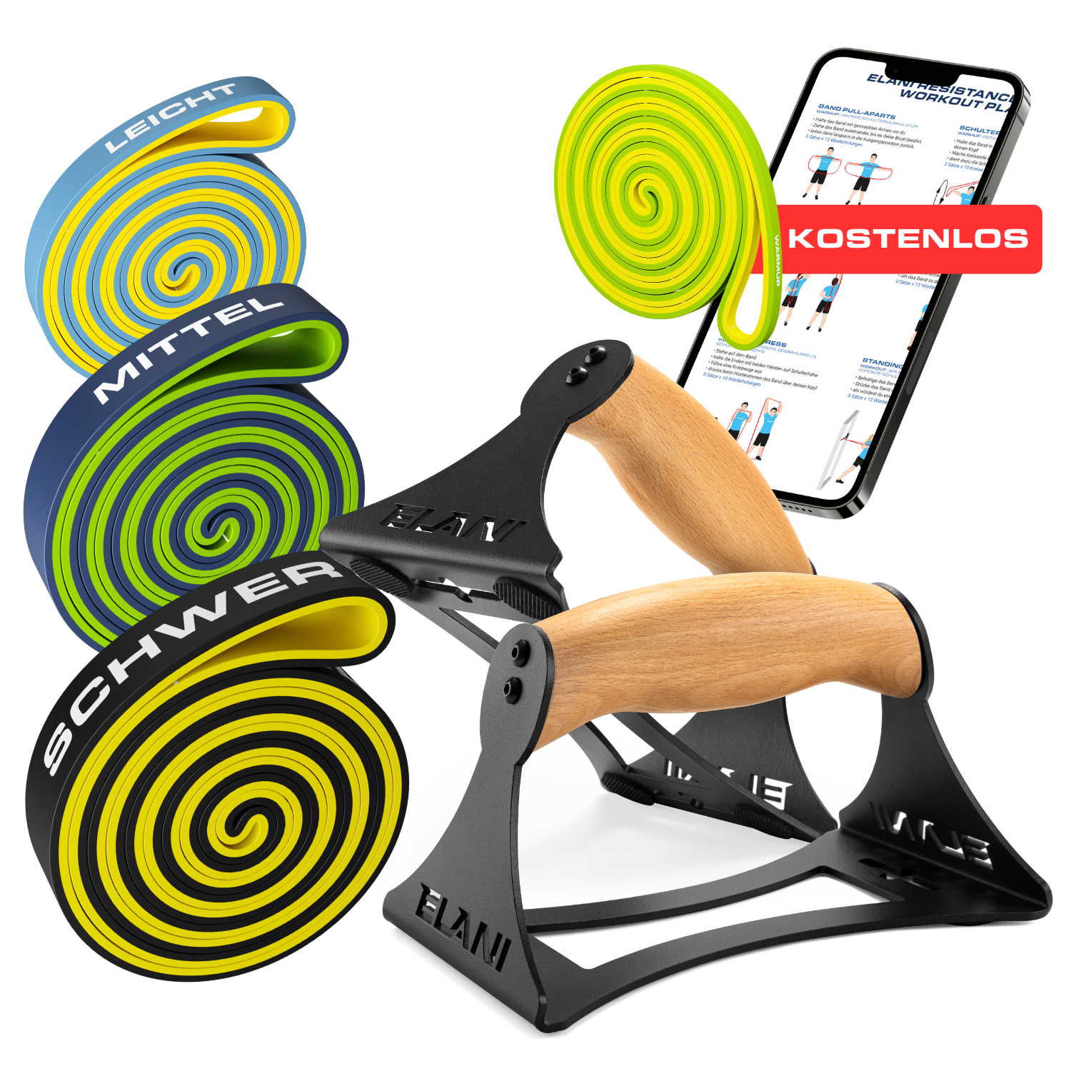 Exercise bands, push-up bars, and a smartphone with workout plan.