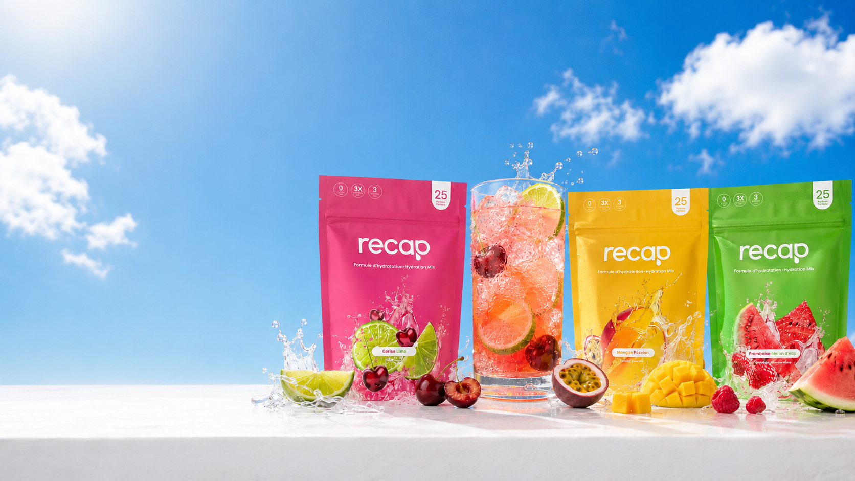 Three colorful pouches of Recap hydration mix next to a glass of the drink and fresh fruits.