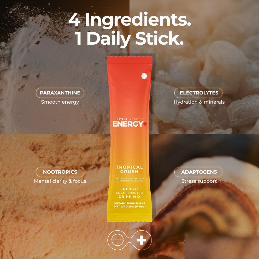 An ad for a 'Tropical Crush' energy drink stick showing its four main ingredients.