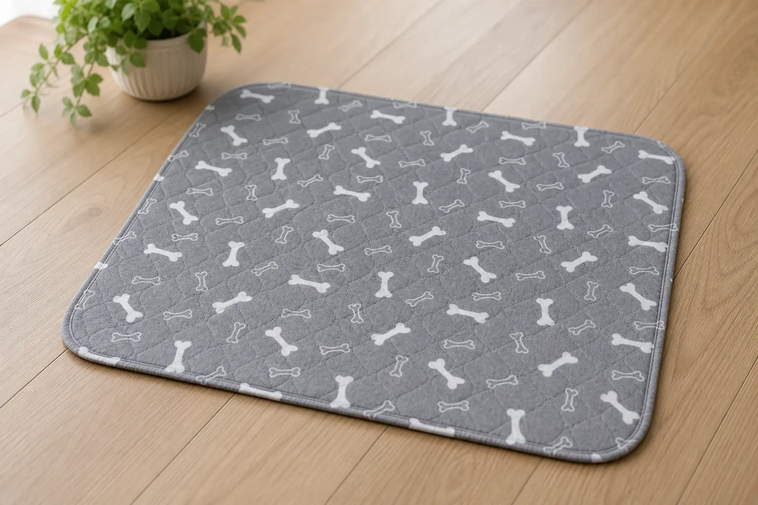 A gray quilted mat with a white bone pattern on a wooden floor next to a potted plant.