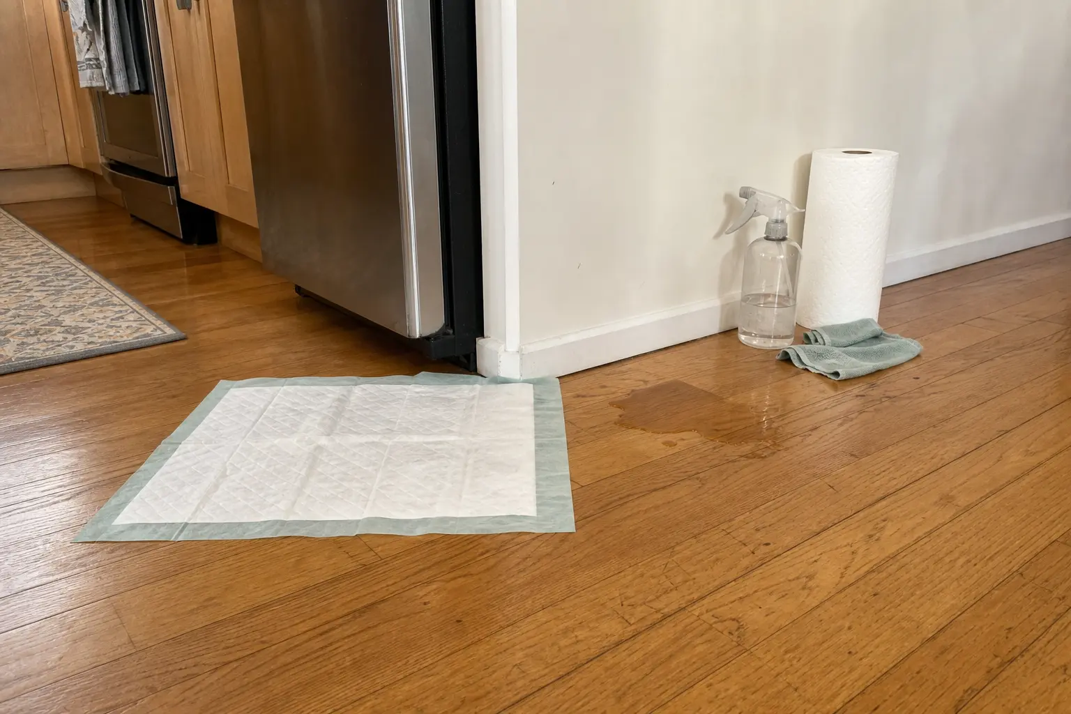 A puddle on a hardwood floor next to a puppy pad, with paper towels and a spray bottle nearby.