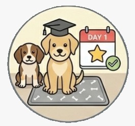 An illustration of two puppies, one wearing a graduation cap, in front of a 'Day 1' calendar icon.