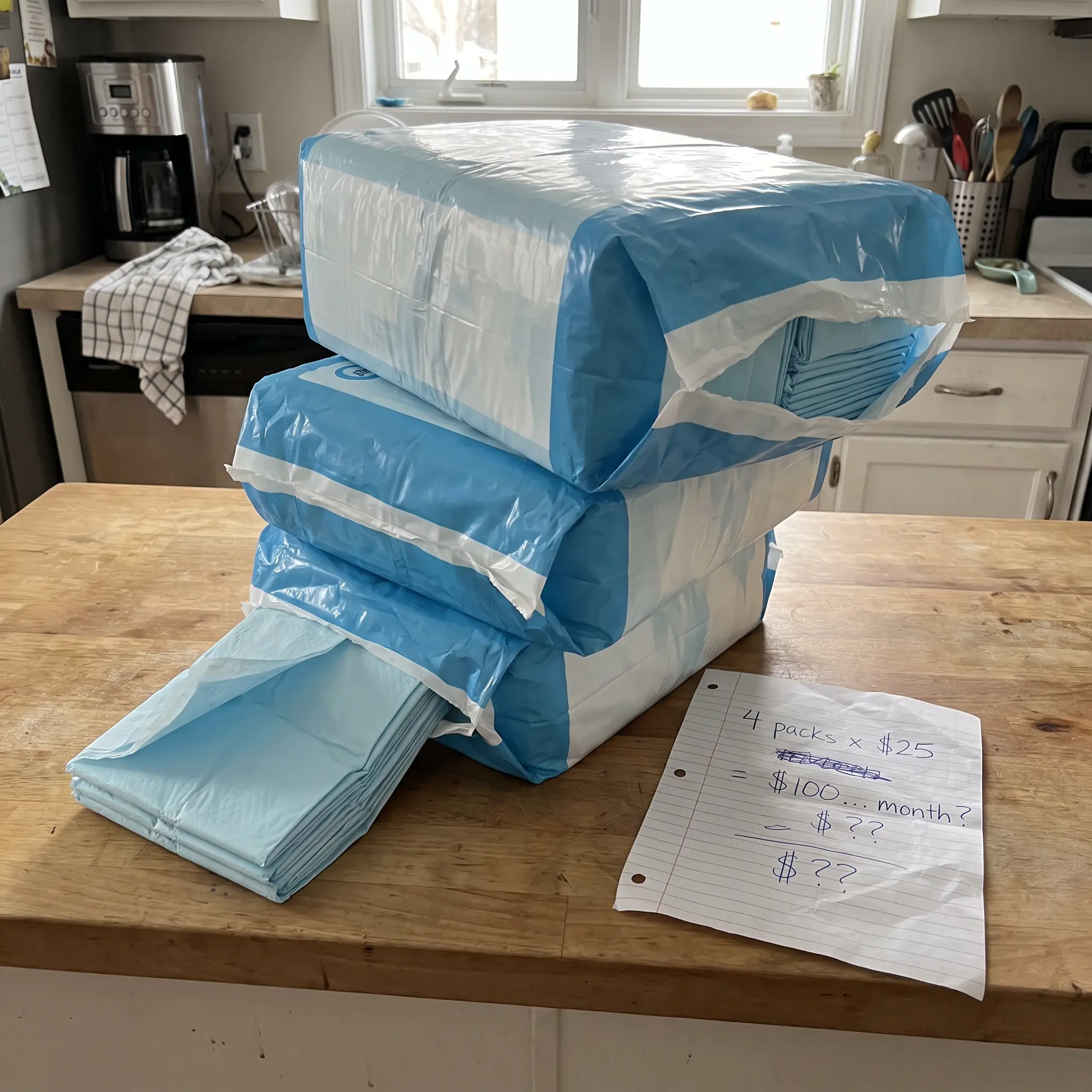 A stack of four packages of disposable pads on a wooden counter next to a handwritten cost calculation.
