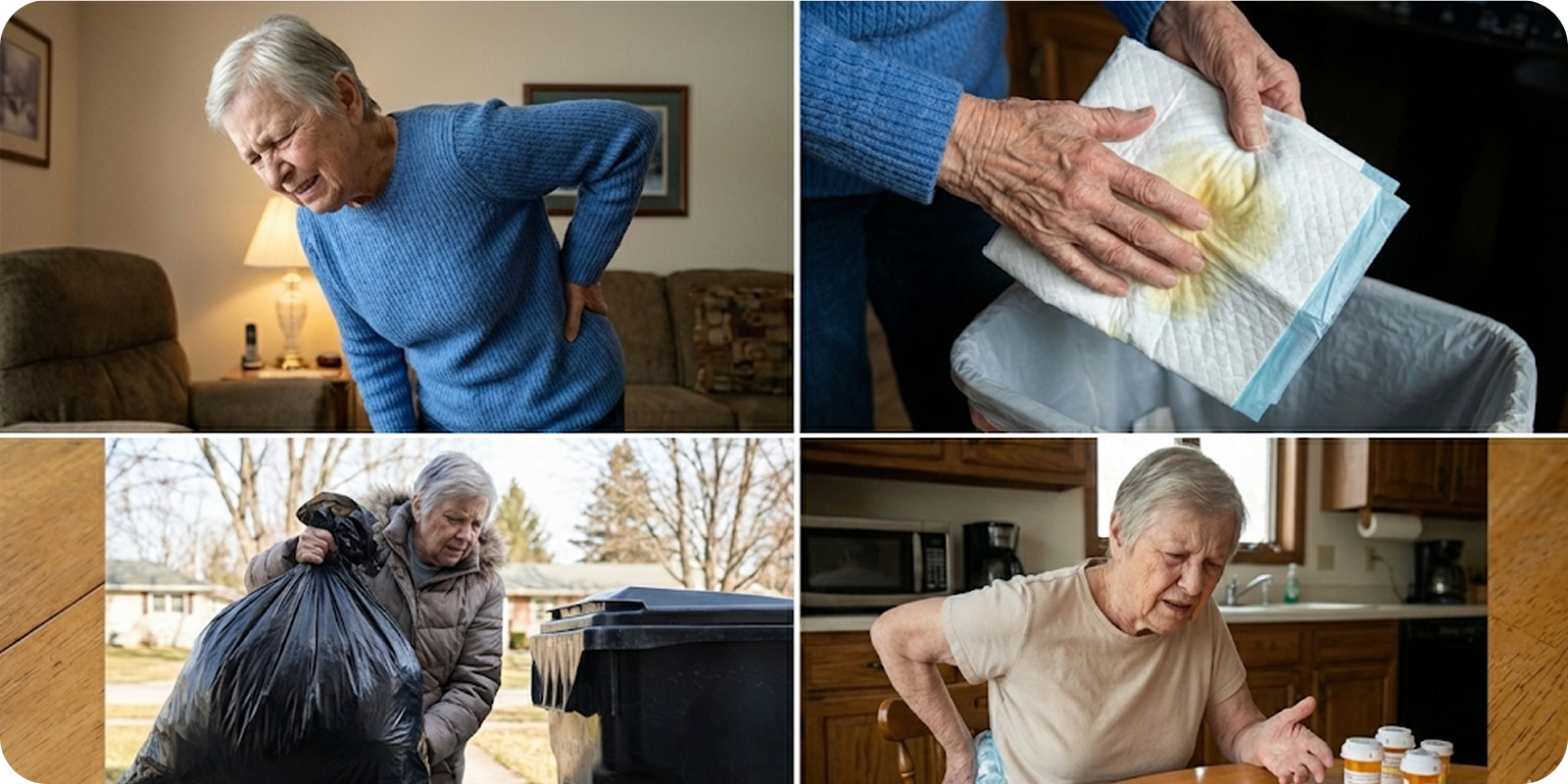 A collage of an elderly woman with back pain, taking out trash, and disposing of a soiled pad.