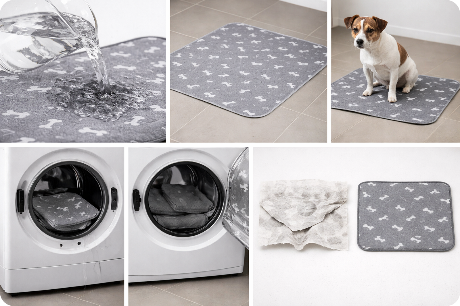 A collage showing the features of a reusable, washable pet pad, including its absorbency and a dog using it.