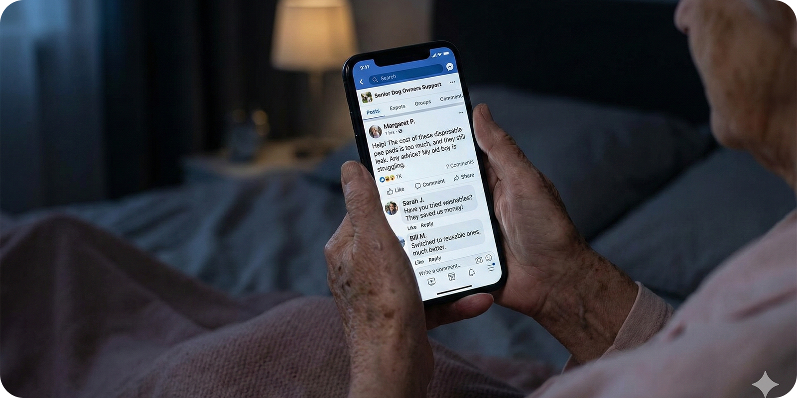 An elderly person in bed at night holding a smartphone displaying a Facebook support group for dog owners.