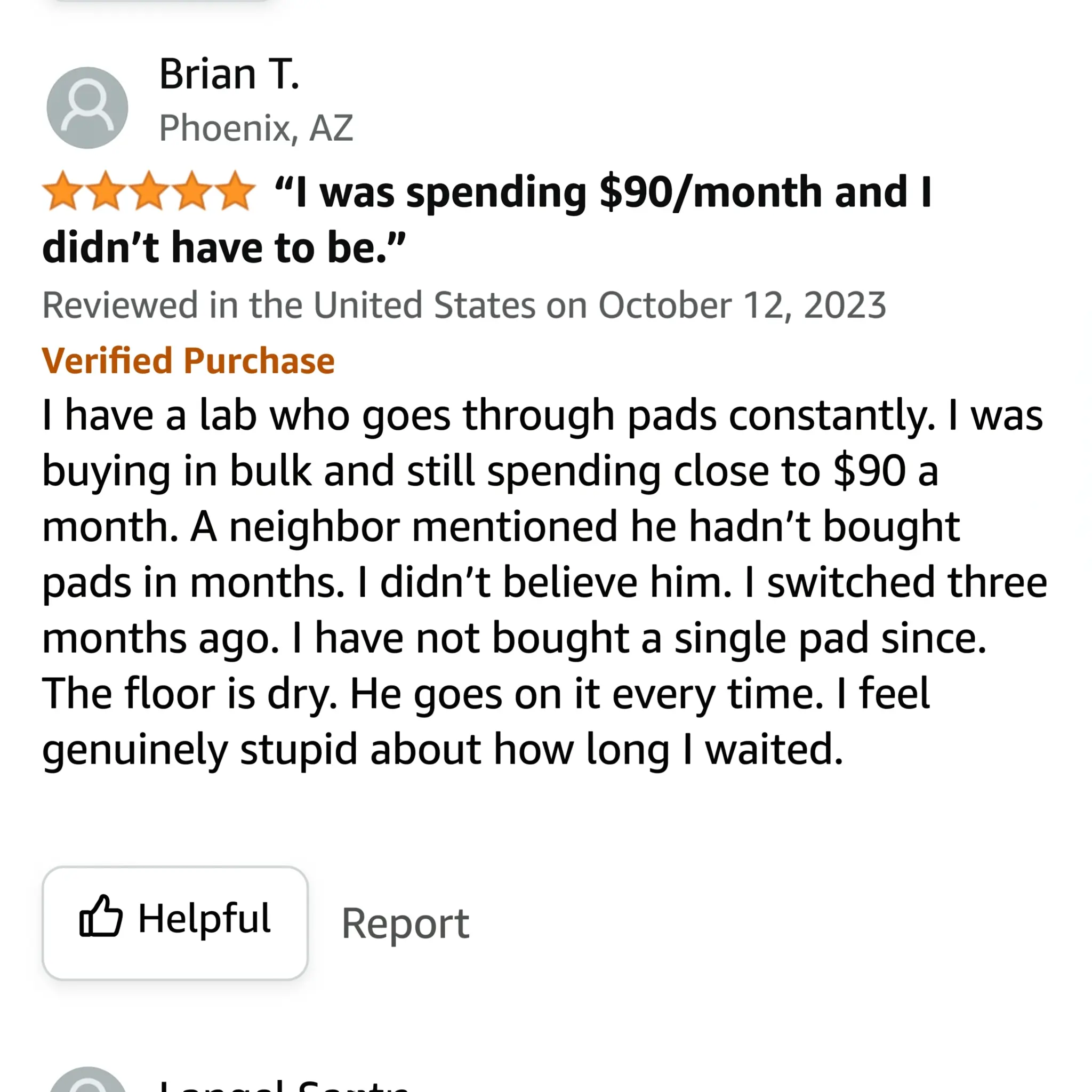 A screenshot of a five-star customer review about saving money on pet pads.