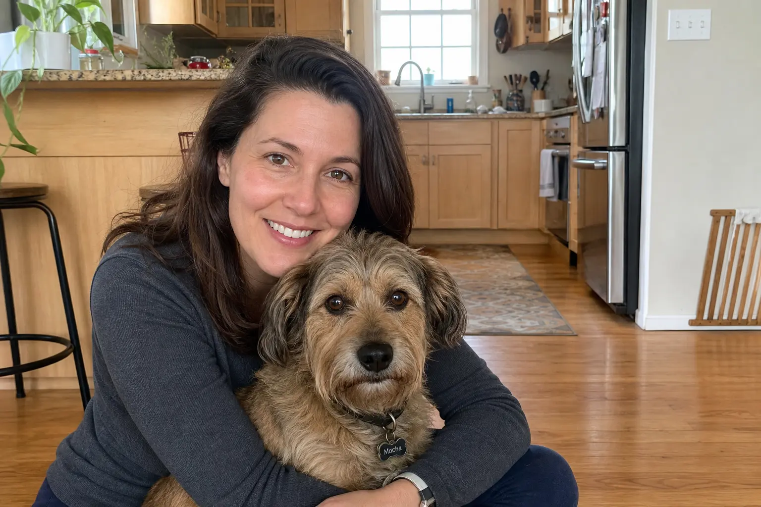 A smiling woman with dark hair hugs a scruffy, tan dog while sitting on a kitchen floor.