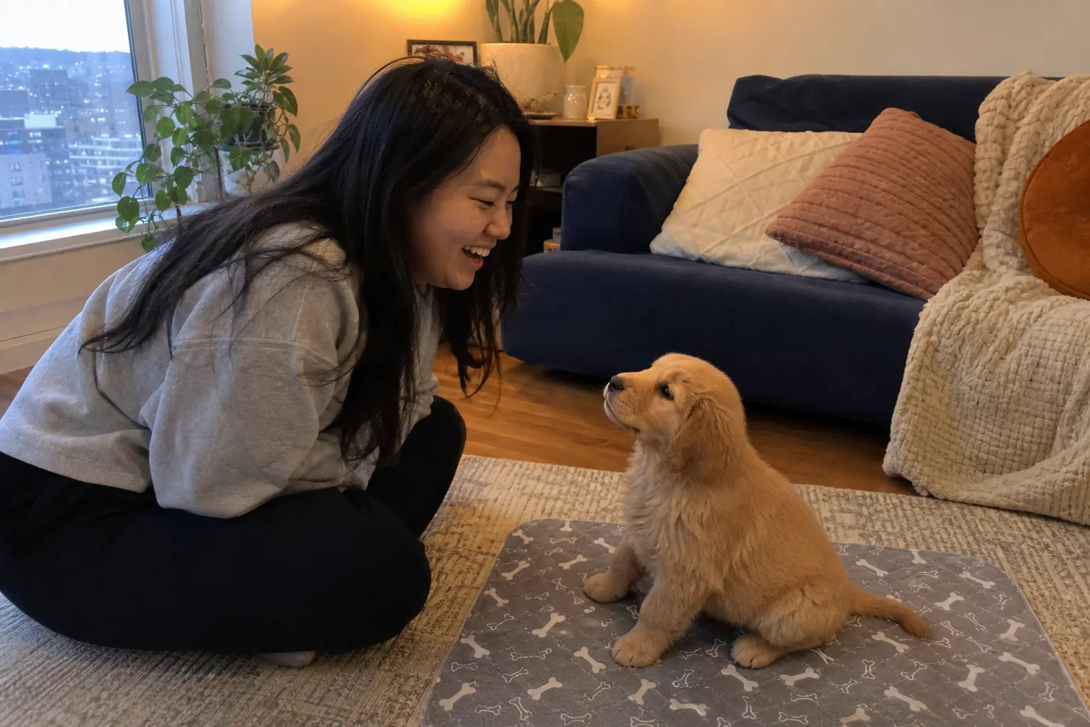 A smiling woman with long dark hair kneels on the floor looking at a golden retriever puppy.