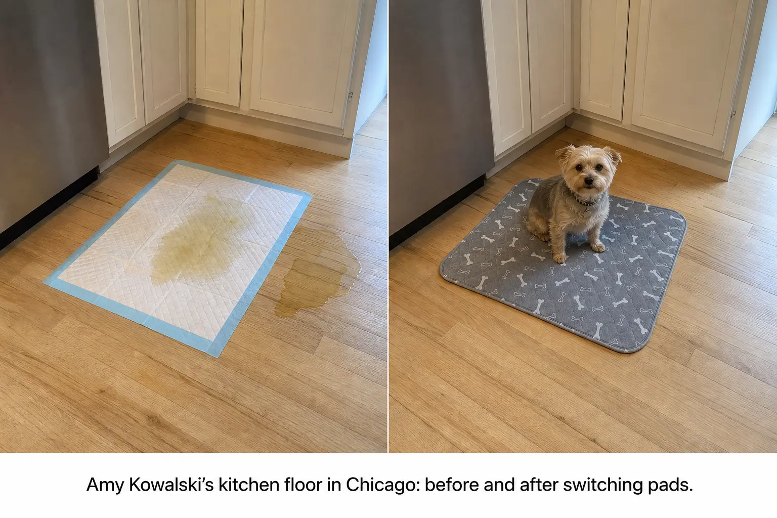 A before-and-after image showing a leaking disposable pee pad and a dog on a reusable one.