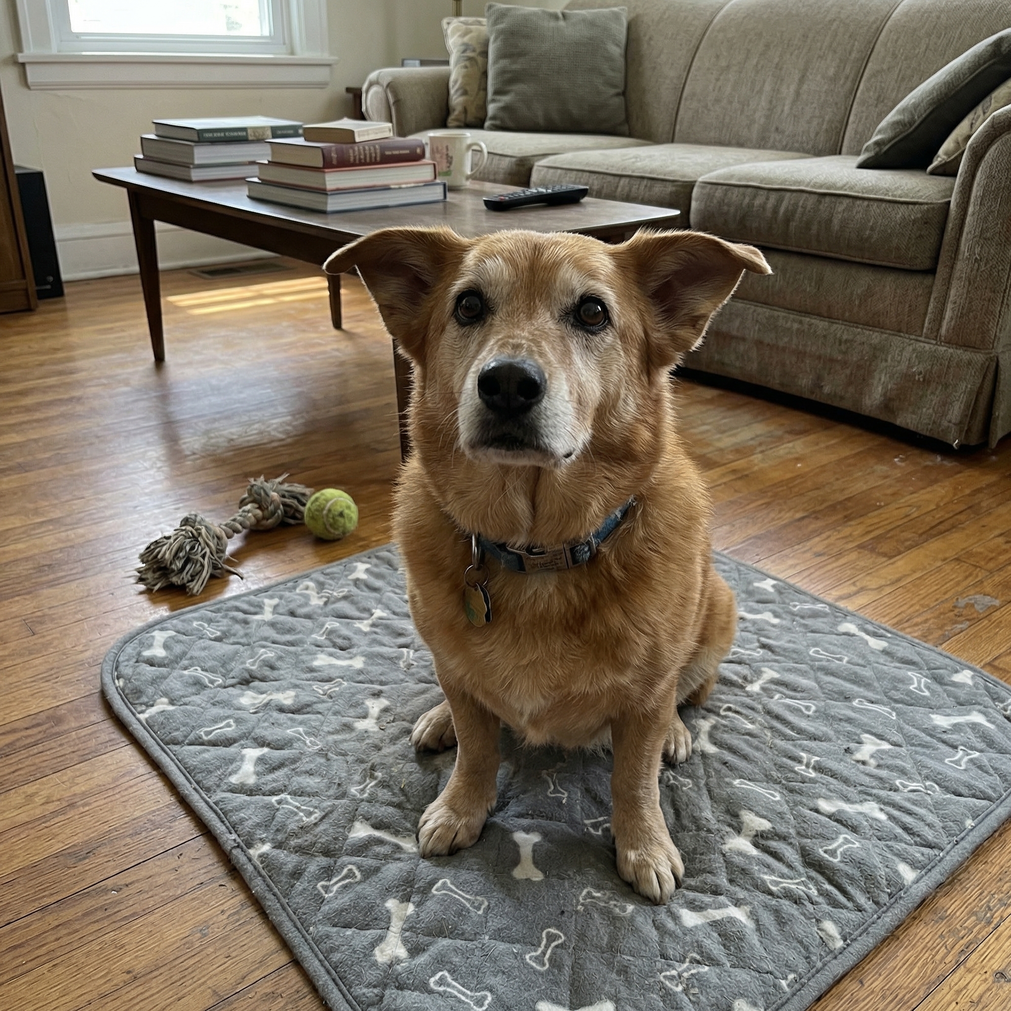 A tan dog with perky ears sits on a gray mat with a bone pattern in a living room.