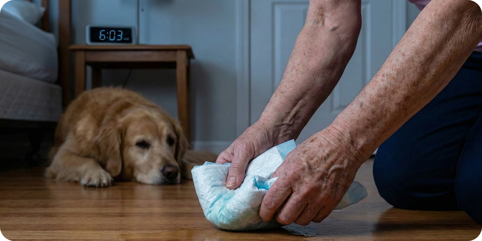 An elderly person uses a pad to clean a puddle on the floor as a golden retriever watches.