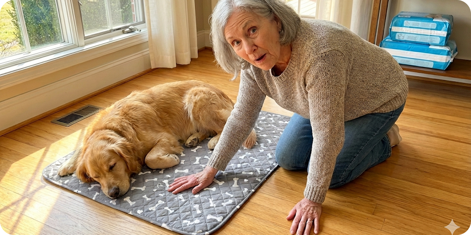 An older woman kneels on a wooden floor beside a sleeping golden retriever on a gray mat.