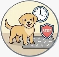 An illustration of a puppy with a training pad, a clock, and a shield that says 'STOP'.