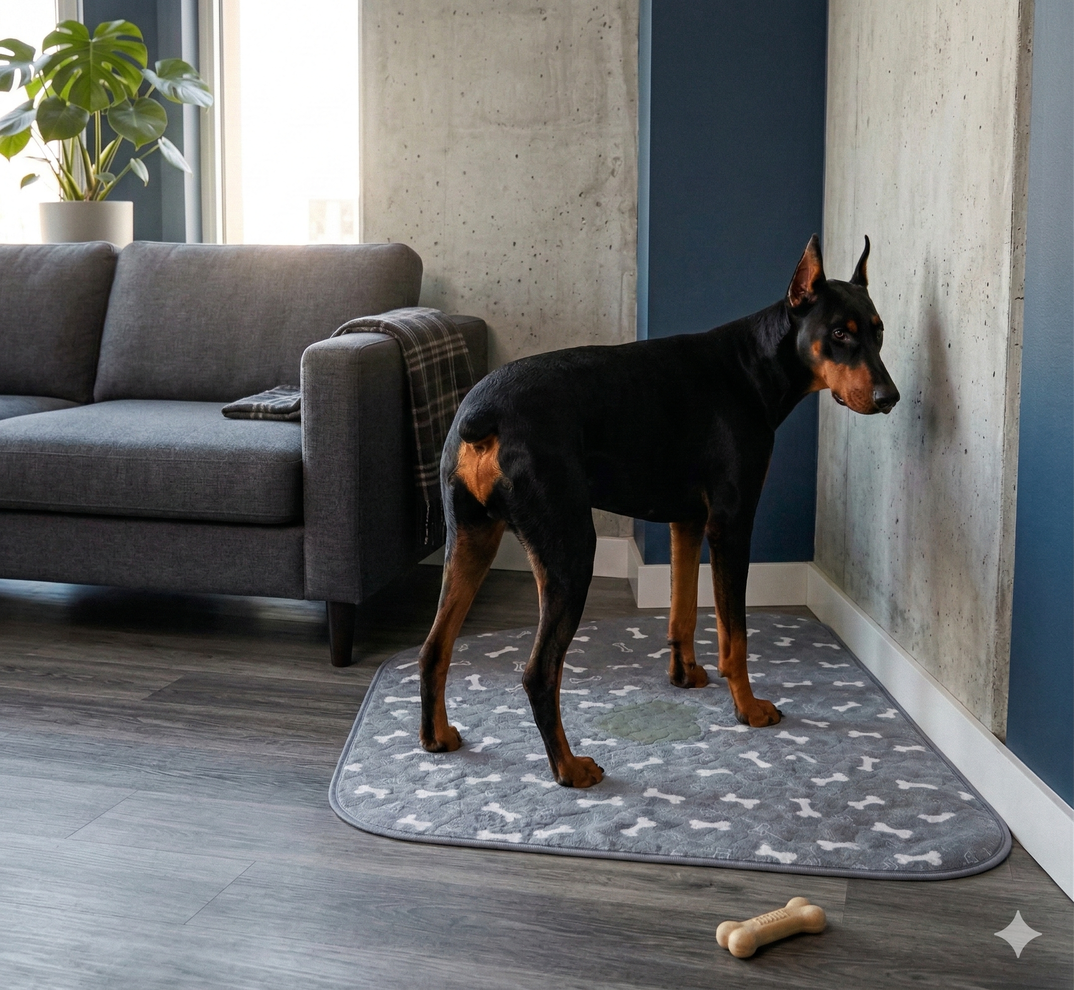 A black and tan Doberman stands on a grey mat patterned with white bones inside a home.