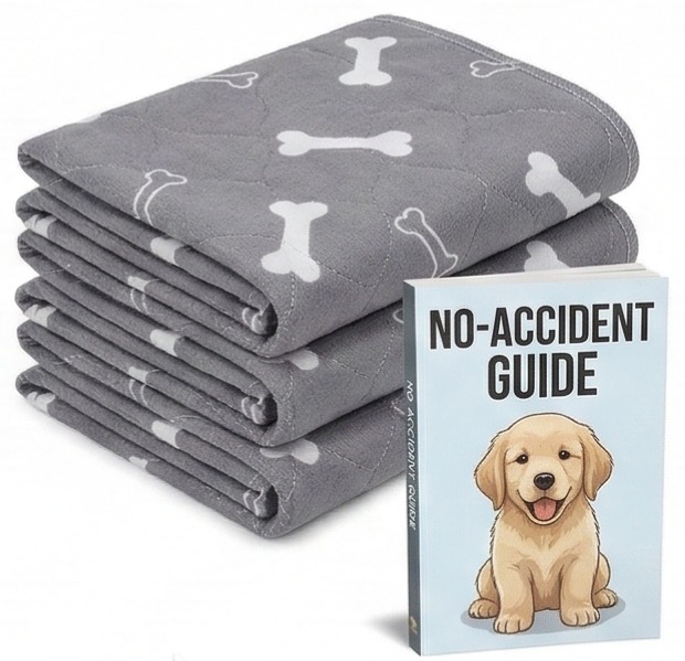 A stack of grey, bone-patterned puppy pads next to a 'No-Accident Guide' book with a puppy illustration.