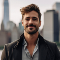 A smiling man with brown hair and a beard stands in front of a blurry city skyline.