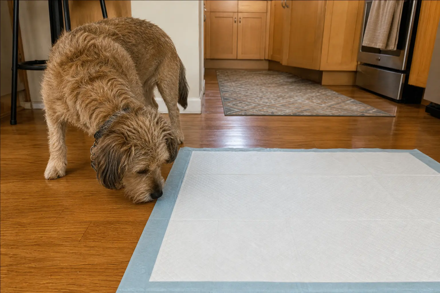 A shaggy brown dog sniffs a puppy training pad on a hardwood floor in a kitchen.