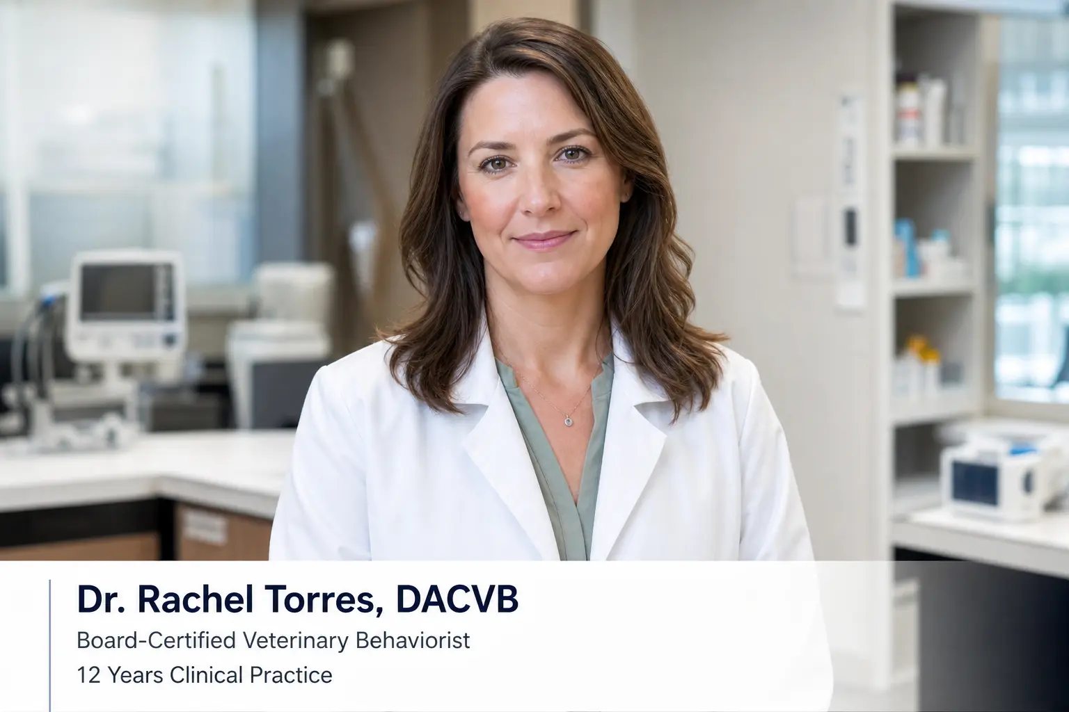 Dr. Rachel Torres, a Board-Certified Veterinary Behaviorist, smiling in a white lab coat inside a clinic.