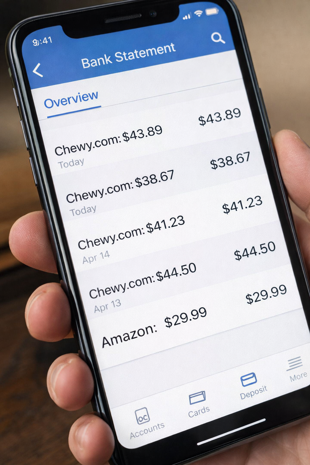 A hand holding a smartphone, displaying a bank statement overview on a mobile banking app.
