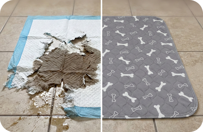 A side-by-side comparison of a torn, soiled disposable potty pad and a clean, reusable one.