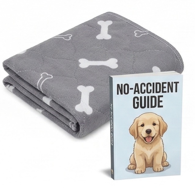 A folded grey puppy pad with a bone pattern next to a book titled 'No-Accident Guide'.