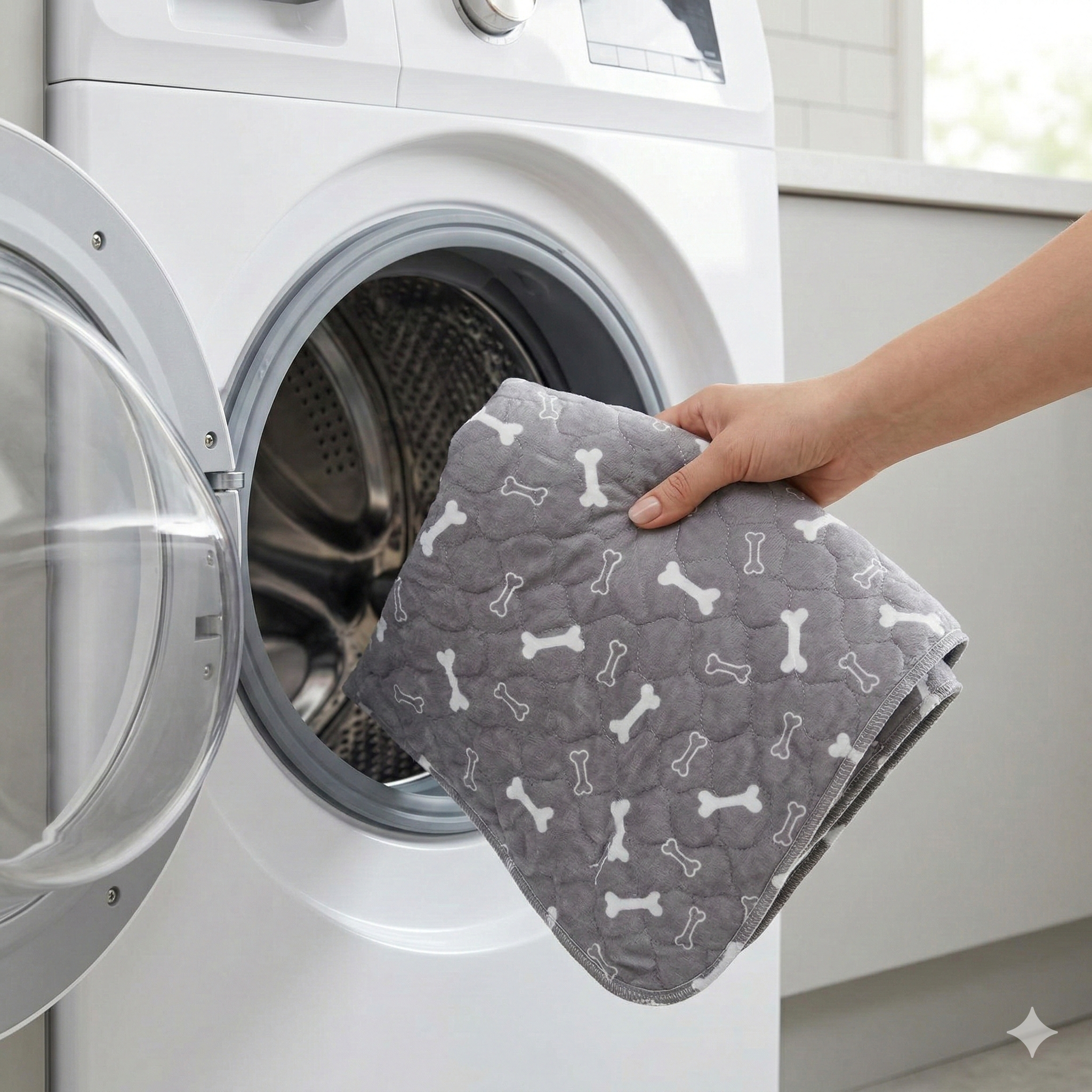 A hand places a gray, bone-patterned pet pad into an open front-loading washing machine.