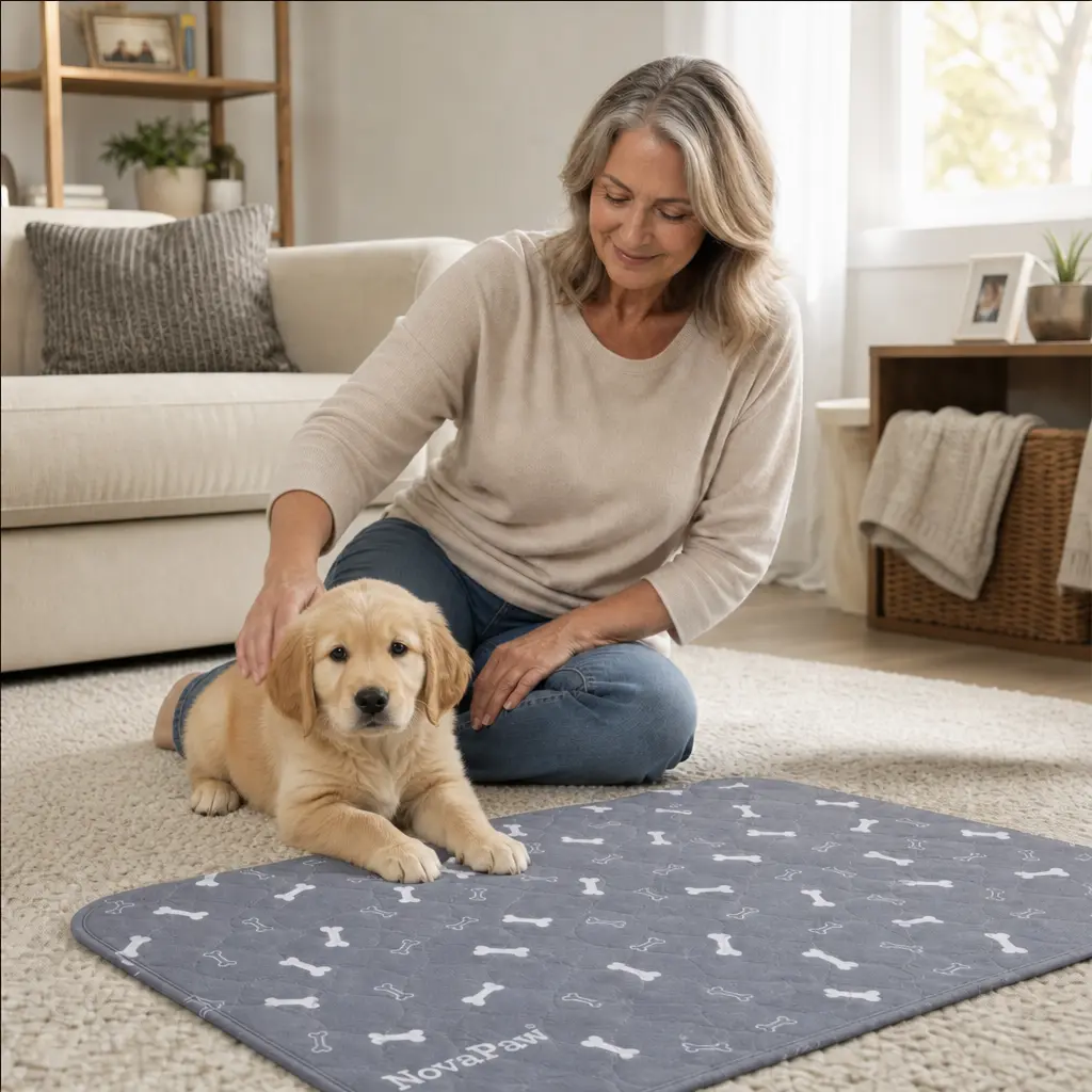 A woman pets a golden retriever puppy lying on a rug next to a gray training pad.