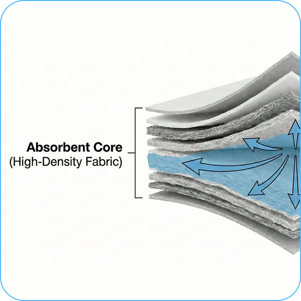 A diagram of a multi-layered absorbent core, showing liquid being wicked away through the high-density fabric.