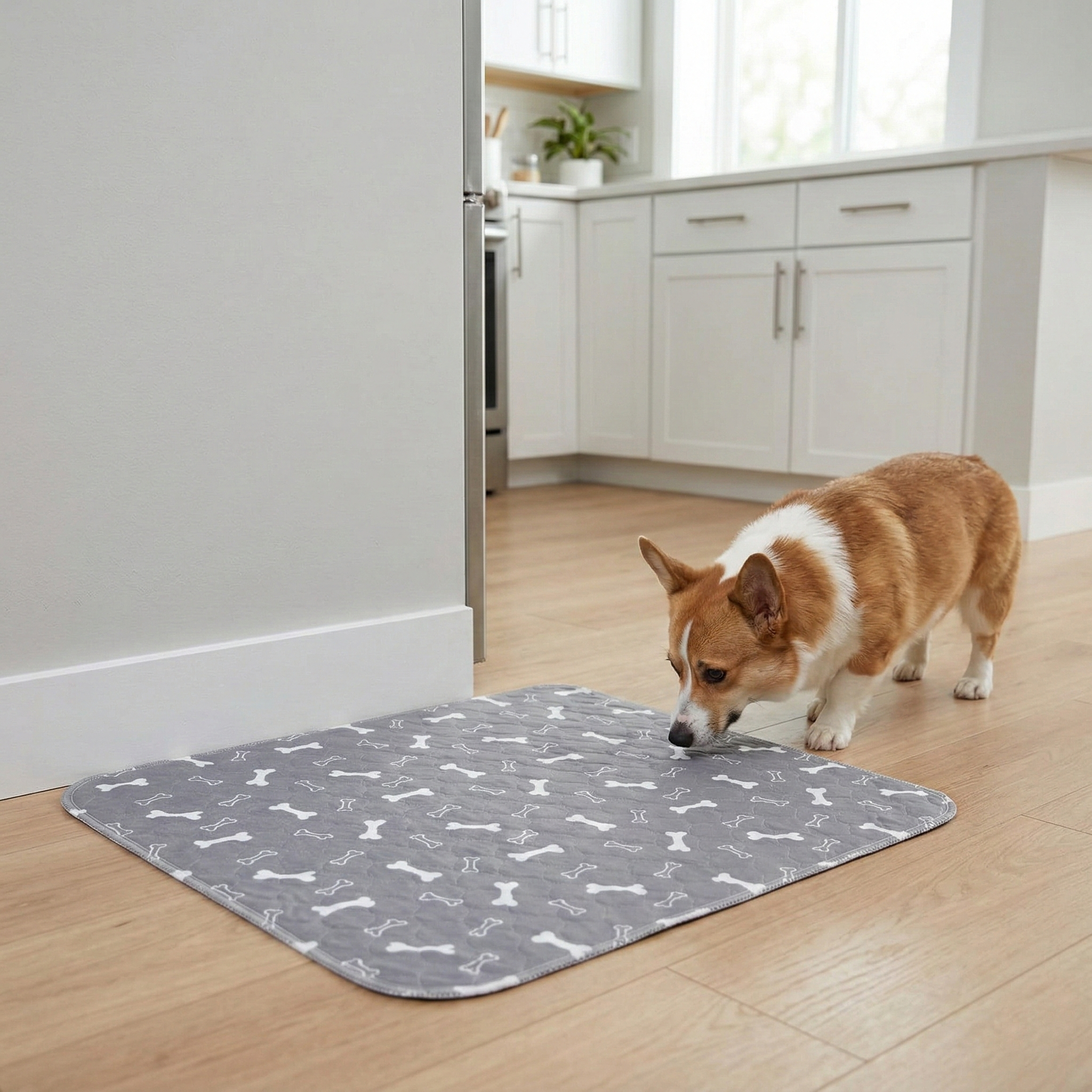 A corgi sniffs a grey mat with a white bone pattern on a wooden floor in a kitchen.