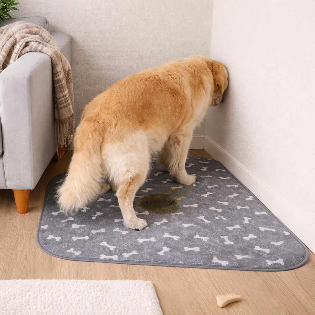 A golden retriever faces the corner after urinating on a grey dog mat.