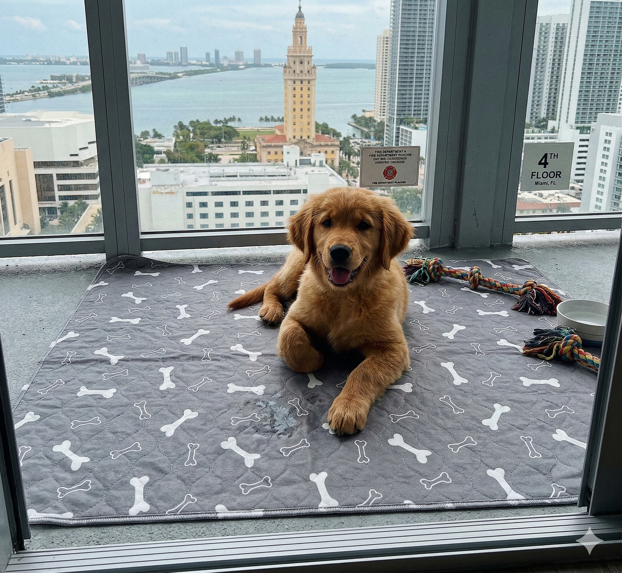 A golden retriever puppy lies on a bone-patterned mat on a high-rise balcony overlooking a city.